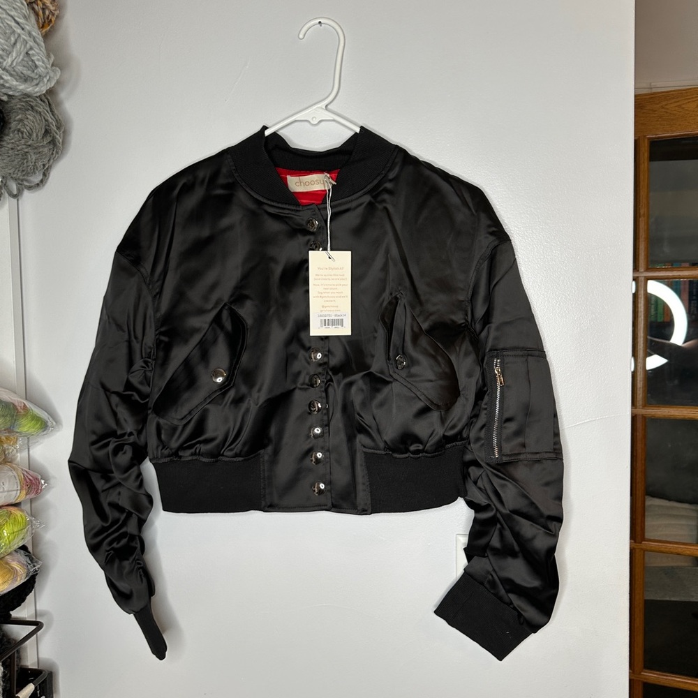 Choosy Classic cropped Black Bomber Jacket for Women - Picture 2 of 4